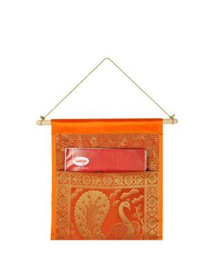 Lal Haveli Ethnic Silk Pecock Design Living Room Decorative wall Hanging 2 pocket Orange Color 24 X10 Inch 2