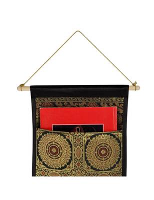 Lal Haveli Living Room Handmade Silk wall Hanging 3 pocket Black Color 34 X 10 Inch 2