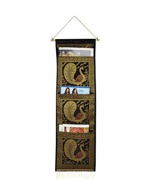 Lal Haveli Silk Peacock Design Letter Storage Holder 3 Pocket Black Color 34 X 10 Inch Housewarming Gift 1