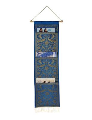 Lal Haveli Handmade Peocock Design Silk wall Hanging 3 pocket Turquoise Color 34 X 10 Inch 1