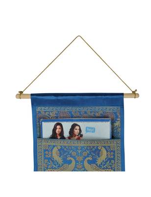 Lal Haveli Handmade Peocock Design Silk wall Hanging 3 pocket Turquoise Color 34 X 10 Inch 2