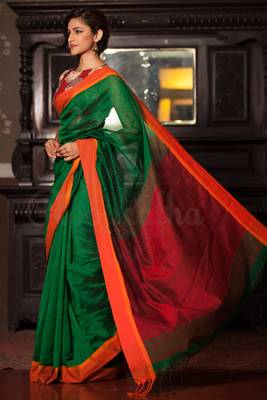 Green Hand Woven Cotton Saree With Blouse 2