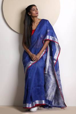 Blue Hand Woven Linen Saree With Blouse 1