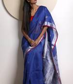 Blue Hand Woven Linen Saree With Blouse