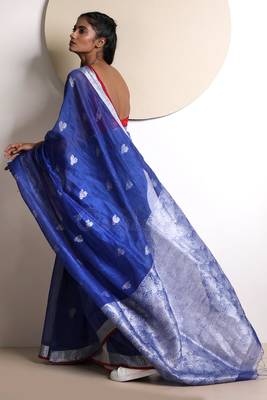 Blue Hand Woven Linen Saree With Blouse 2
