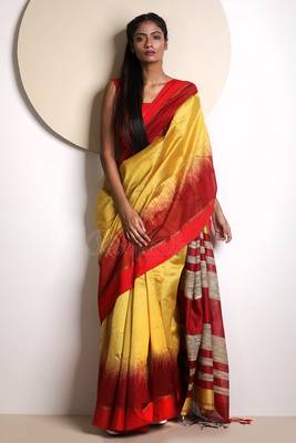 Yellow Hand Woven Blended Cotton Saree With Blouse 1