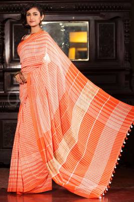 Orange Hand Woven Cotton Saree With Blouse 3