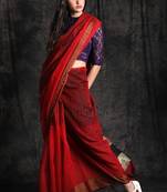 Red Hand Woven Blended Cotton Saree With Blouse