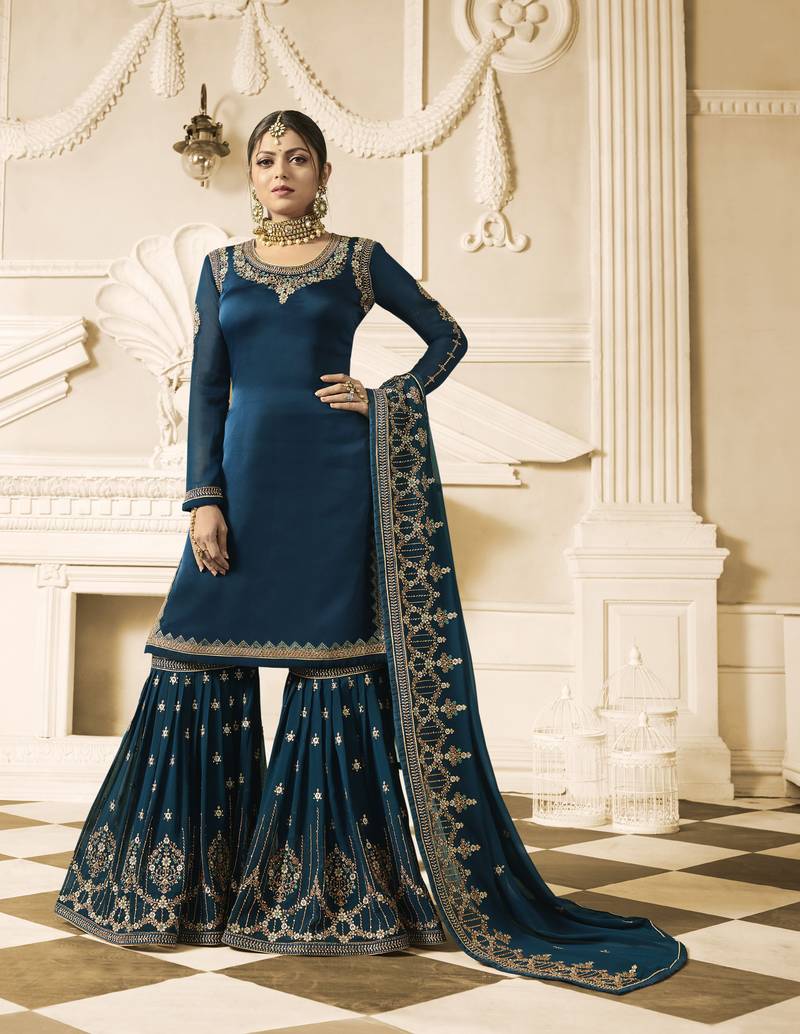 Blue Resham Embroidery Georgette Salwar With Dupatta