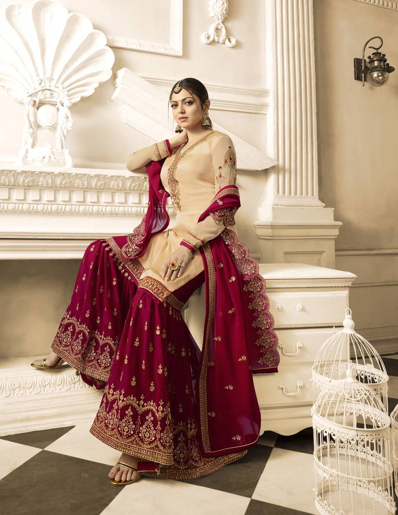 Cream Resham Embroidery Georgette Salwar With Dupatta