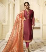 Brown Resham Embroidery Georgette Satin Salwar With Dupatta