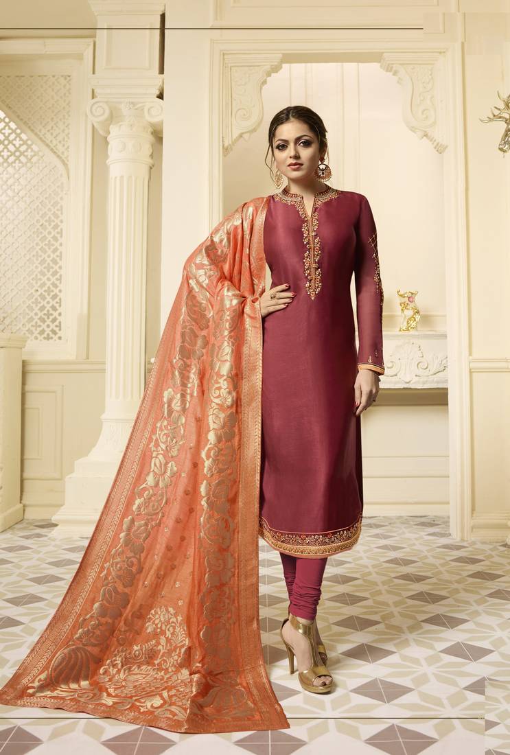 Brown Resham Embroidery Georgette Satin Salwar With Dupatta