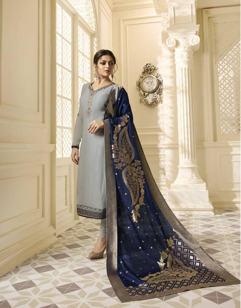 Grey Resham Embroidery Georgette Satin Salwar With Dupatta
