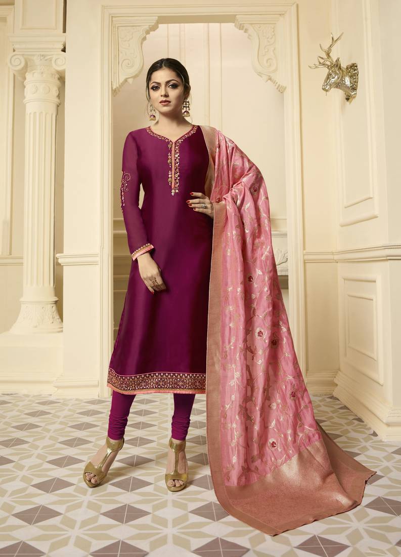 Purple Resham Embroidery Georgette Satin Salwar With Dupatta