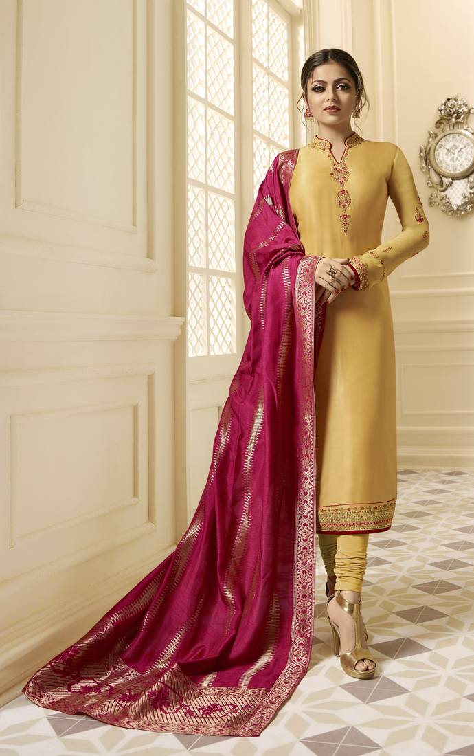 Yellow Resham Embroidery Georgette Satin Salwar With Dupatta