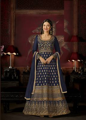 Blue Resham Embroidery Silk Salwar With Dupatta 1