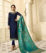 Dark-Blue Resham Embroidery Georgette Satin Salwar With Dupatta