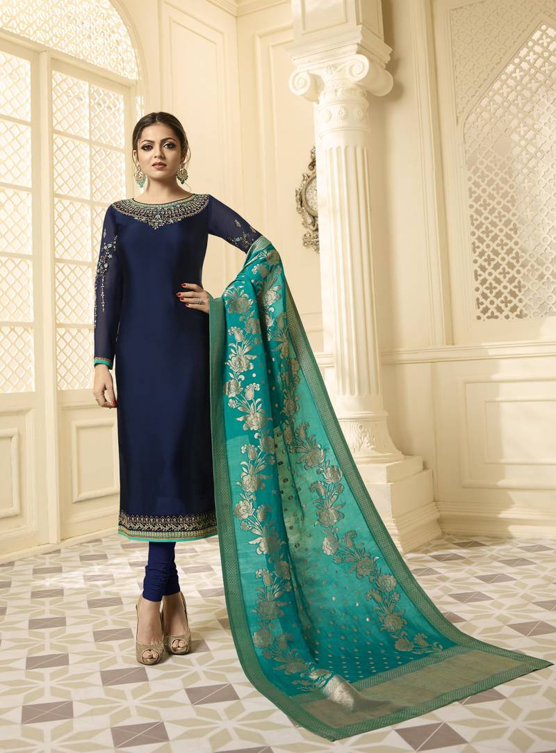 Dark-Blue Resham Embroidery Georgette Satin Salwar With Dupatta