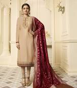 Beige Resham Embroidery Georgette Satin Salwar With Dupatta