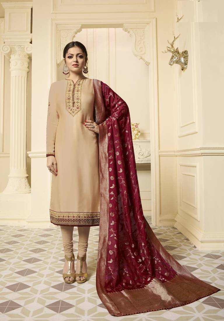 Beige Resham Embroidery Georgette Satin Salwar With Dupatta