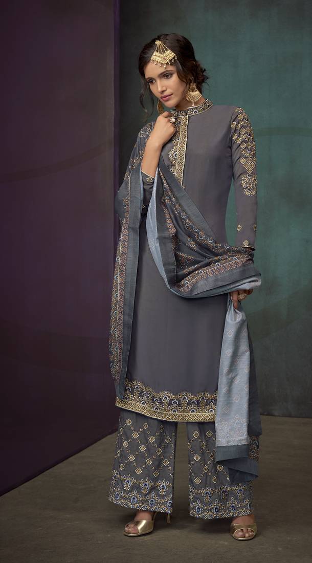 Grey Resham Embroidery Pure Maslin Salwar With Dupatta