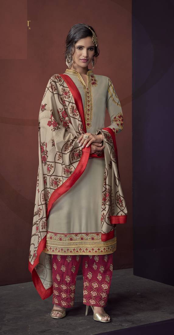 Grey Resham Embroidery Pure Maslin Salwar With Dupatta