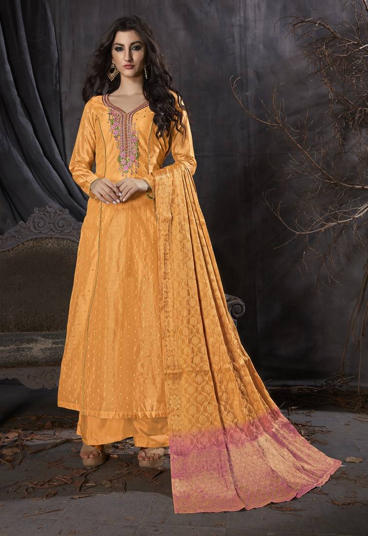 Mustard Resham Embroidery Banarasi Silk Salwar With Dupatta