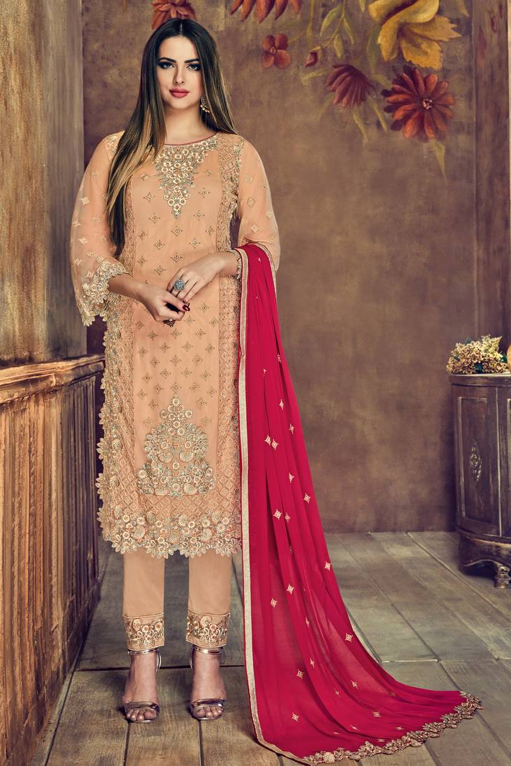 Red Embroidered Heavy Net Salwar With Dupatta