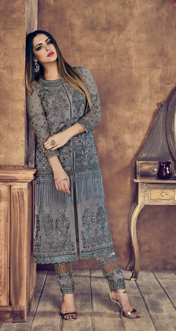 Grey Embroidered Heavy Net Salwar With Dupatta