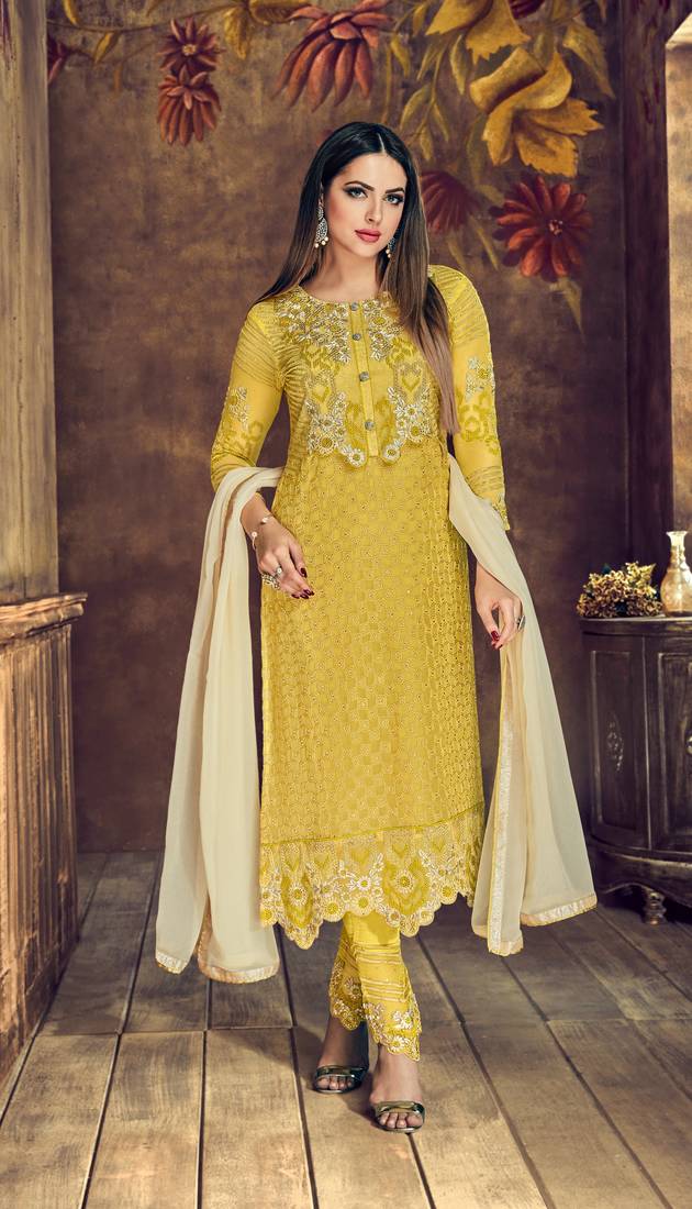 Cream Embroidered Georgette Salwar With Dupatta