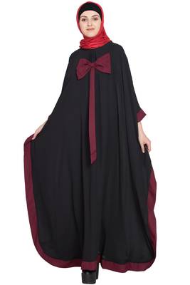 Black Crepe Plain Bow-Accent Kaftan Abaya 1