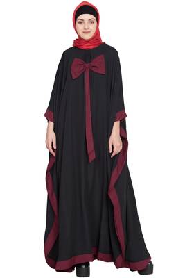 Black Crepe Plain Bow-Accent Kaftan Abaya 2
