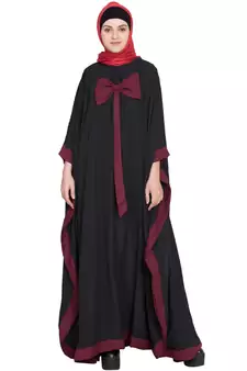 Black Crepe Plain Bow-Accent Kaftan Abaya
