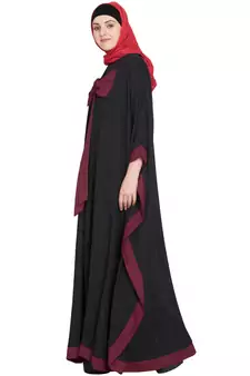 Black Crepe Plain Bow-Accent Kaftan Abaya