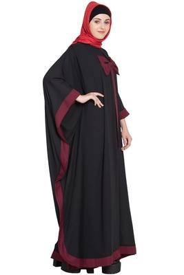Black Crepe Plain Bow-Accent Kaftan Abaya 4