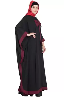 Black Crepe Plain Bow-Accent Kaftan Abaya