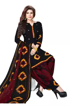 Black And Maroon Synthetic Printed Dress Material With Dupatta