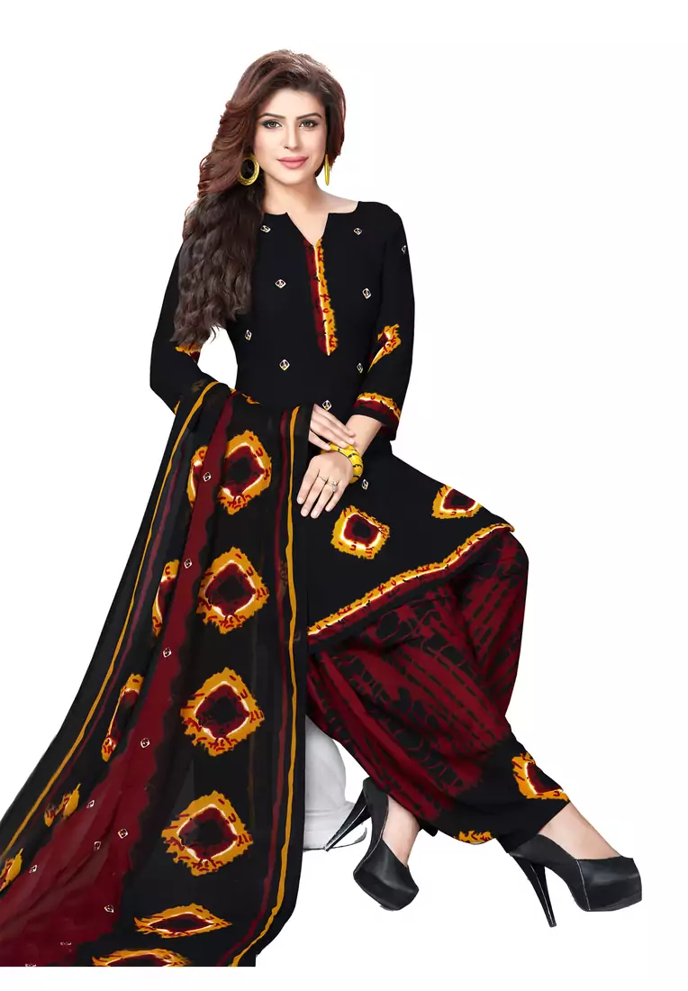 Black And Maroon Synthetic Printed Dress Material With Dupatta
