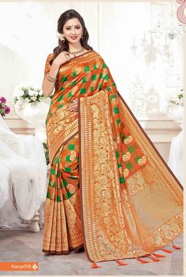 Orange woven silk saree with blouse 1