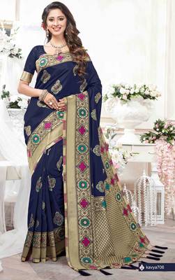 Navy blue woven silk saree with blouse 1