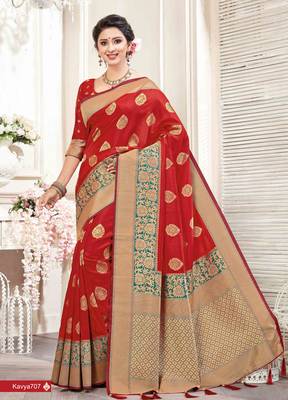 Red woven silk saree with blouse 1