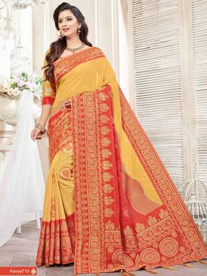 Yellow woven silk saree with blouse 1
