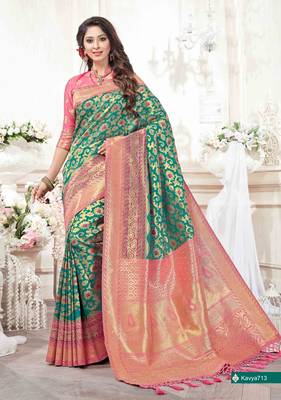 Green woven silk saree with blouse 1