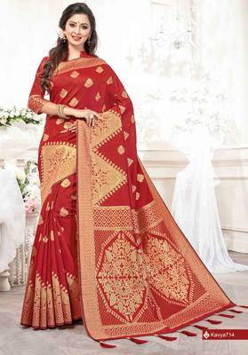 Red woven silk saree with blouse 1