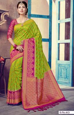 Parrot green woven art-silk-sarees saree with blouse 1