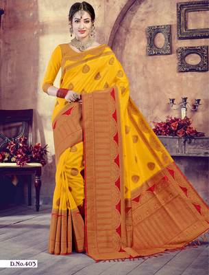 Yellow woven art-silk-sarees saree with blouse 1
