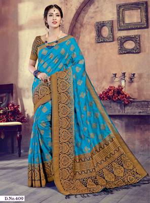 Sky blue woven art-silk-sarees saree with blouse 1