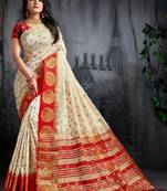 White printed kanchipuram silk saree with blouse