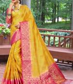 Yellow printed kanchipuram silk saree with blouse