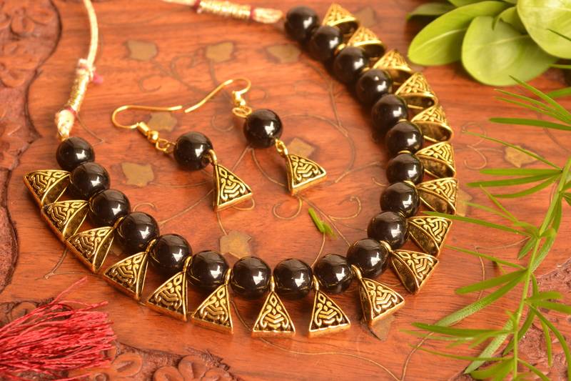 Designer Oxidised Golden Stone Necklace Set